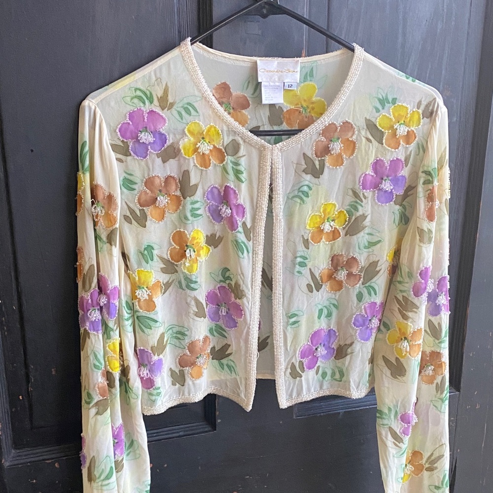 Cassandra Stone Floral Sheer Cardigan with Embroidered Flowers